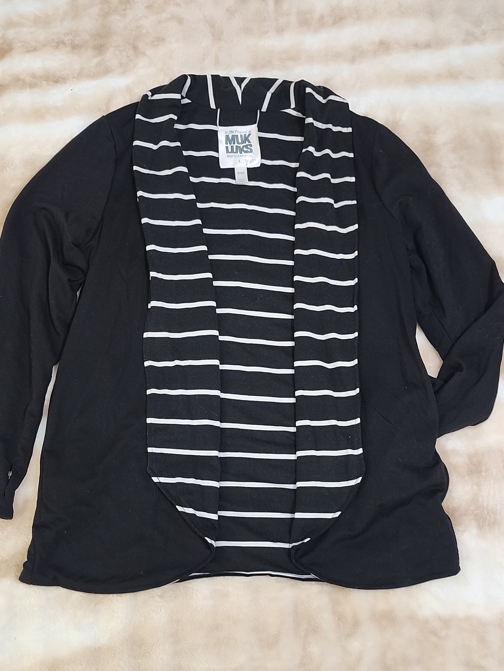 MUK LUKS Reversible Cardigan Sweater Jacket Black & White Stripe Large